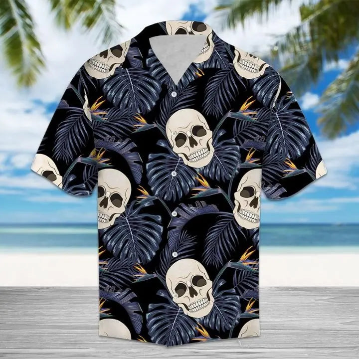 Tropical Summer Skull Leaves Hawaiian Shirt For Summer Vacation, Beach Travel, And Casual Wear