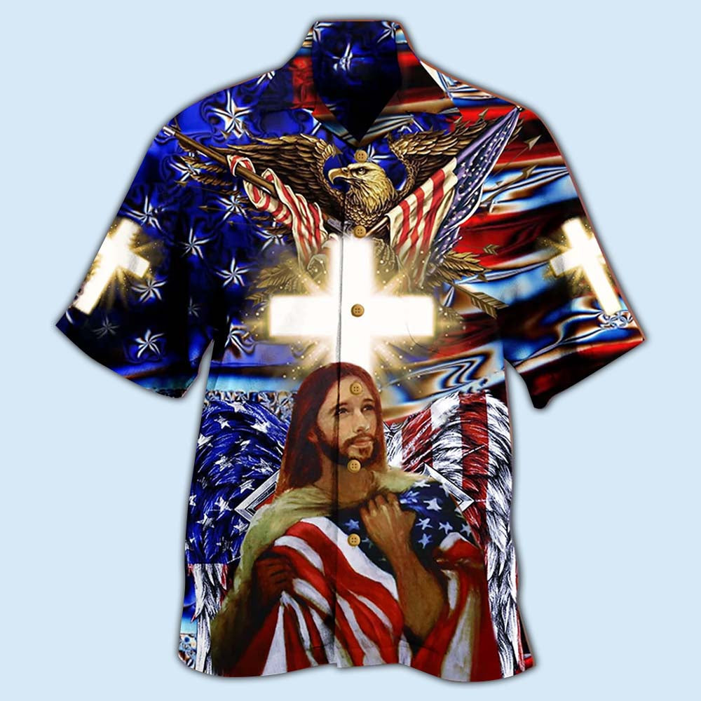 American Faith Bless Hawaiian Shirt Artwork Detail For Resort Trips And Outdoor Activities