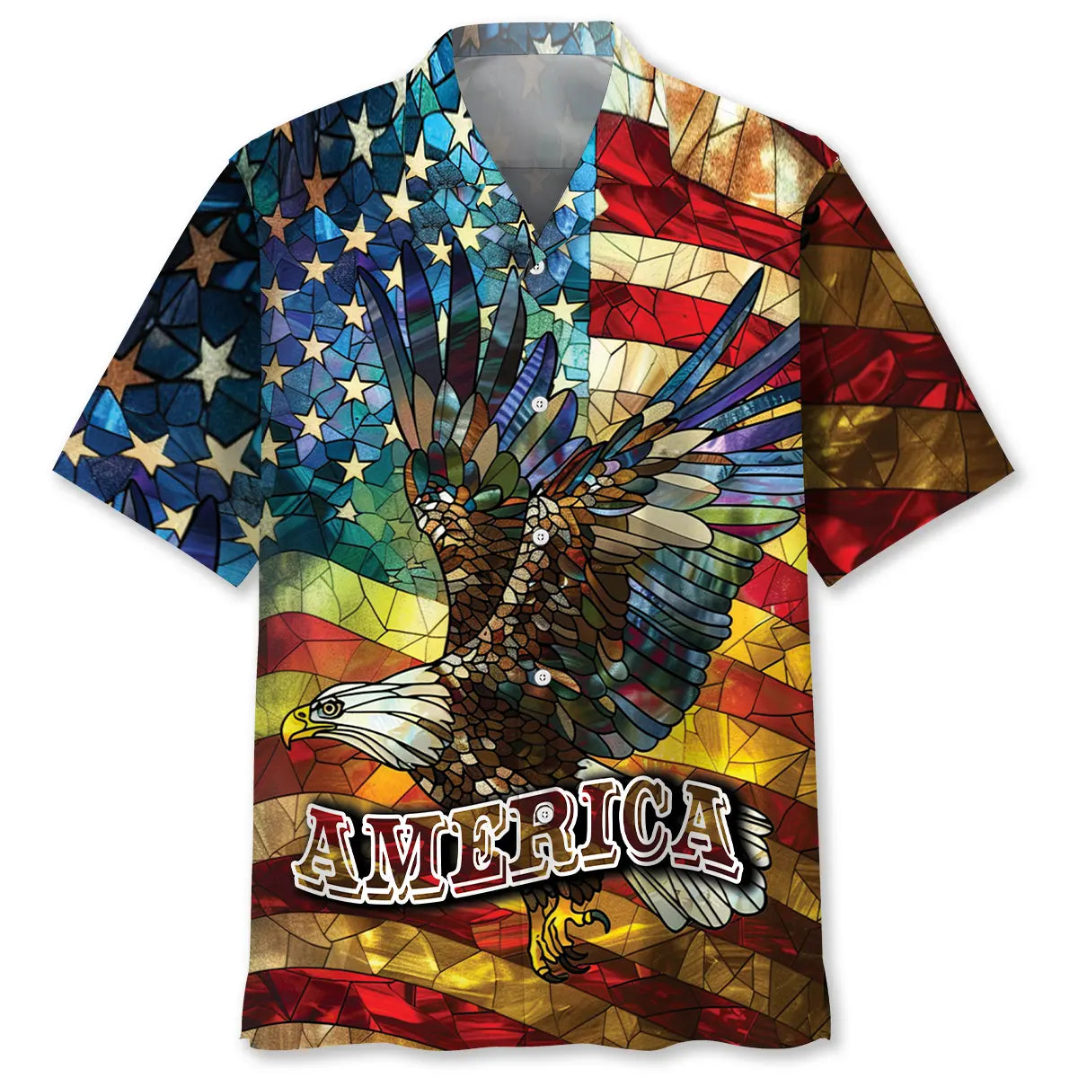 American Creative Bald Eagle Stained Glass Hawaiian Shirt For Summer Vacation, Beach Travel, And Casual Wear