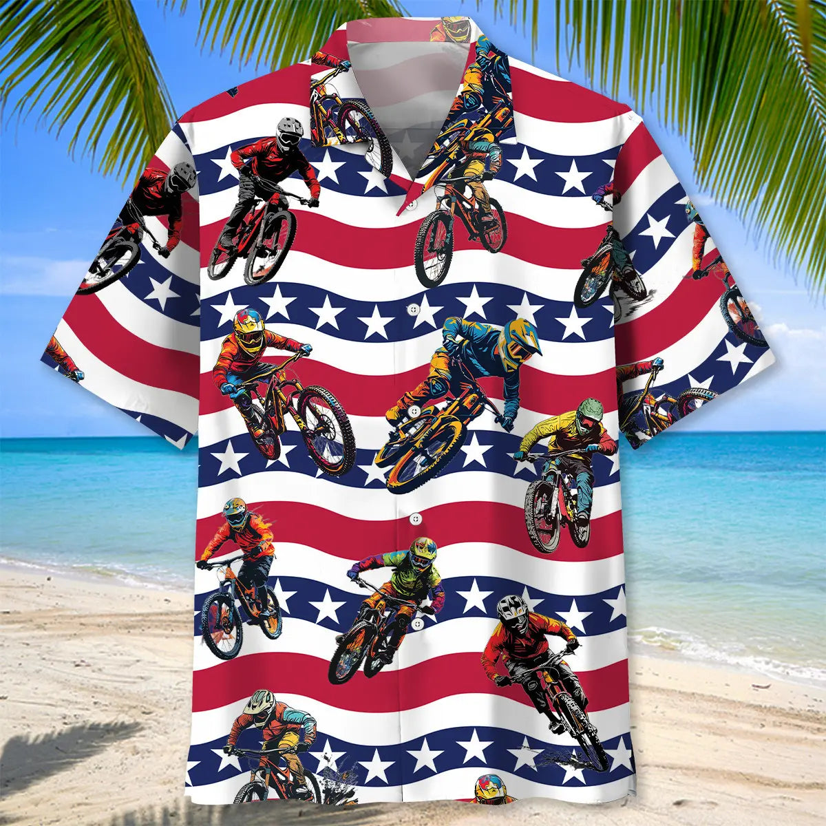 American Mountain Bike Hawaiian Shirt For Resort Trips, Coastal Parties, And Warm Weather Style