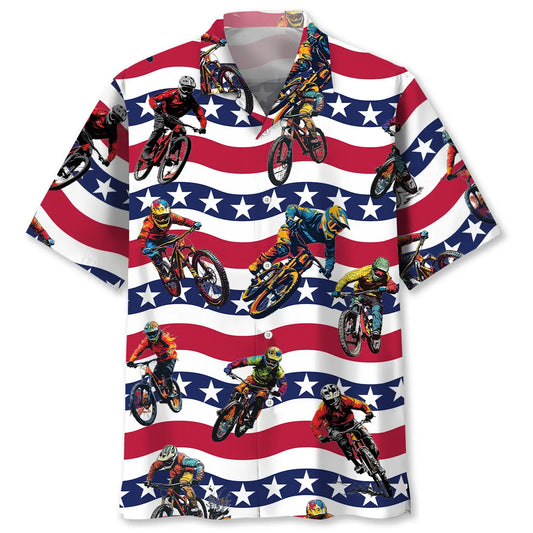 American Mountain Bike Hawaiian Shirt For Resort Trips, Coastal Parties, And Warm Weather Style