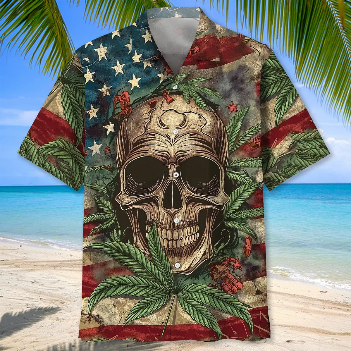 American Skull Hawaiian Shirt For Resort Escape, Tropical Holiday, And Travel Ready Style