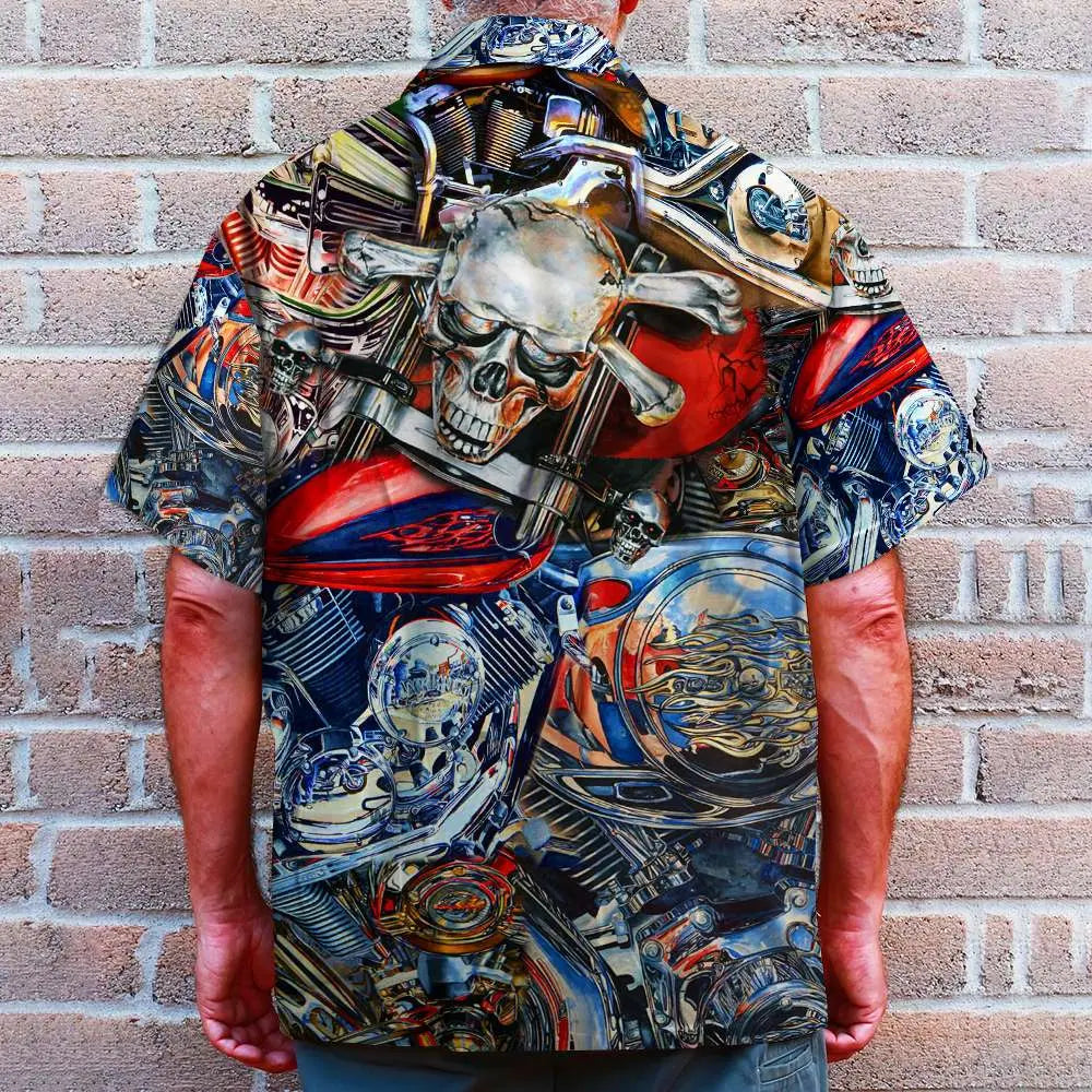 American Island Summer Biker Pattern Aloha Hawaiian Shirt For Resort Trips, Coastal Parties, And Warm Weather Style
