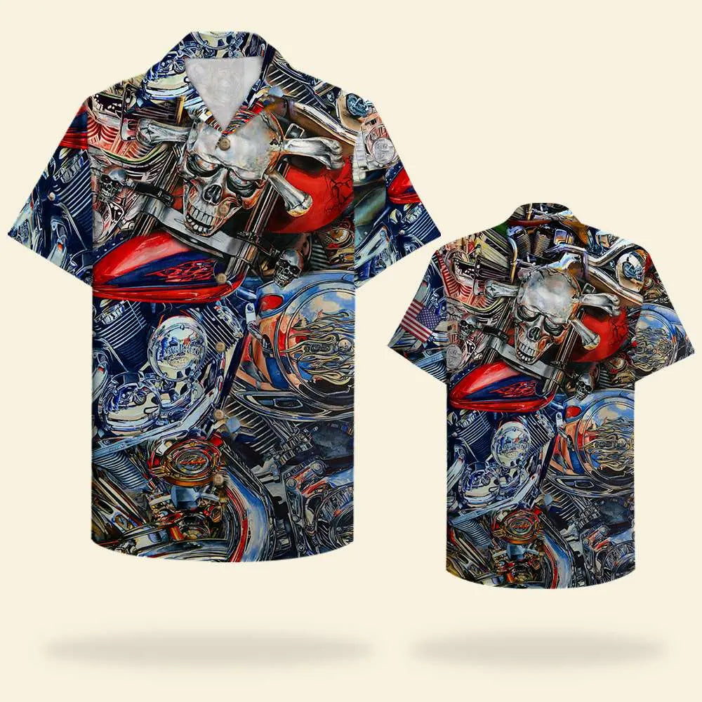 American Island Summer Biker Pattern Aloha Hawaiian Shirt For Resort Trips, Coastal Parties, And Warm Weather Style