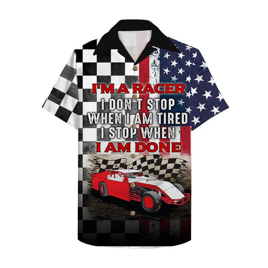 American Island Checkered Pattern Dirt Track Racing Hawaiian Shirt For Summer Vacation, Beach Travel, And Casual Wear