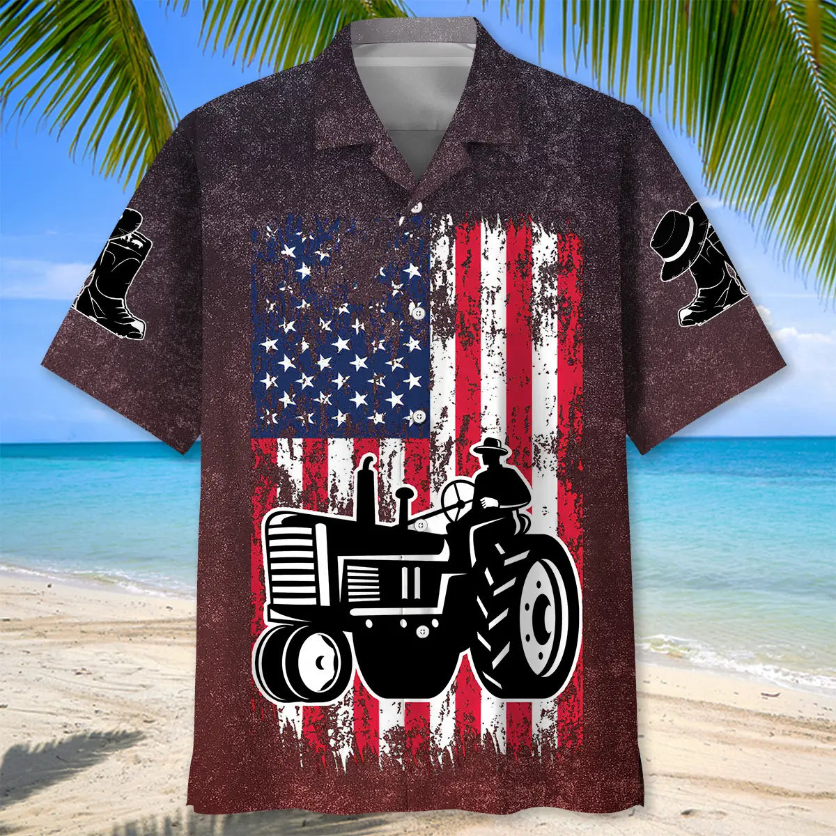 American Flag Tractor Hawaiian Shirt For Patriotic Events, Summer Travel, And Casual Outdoor Wear