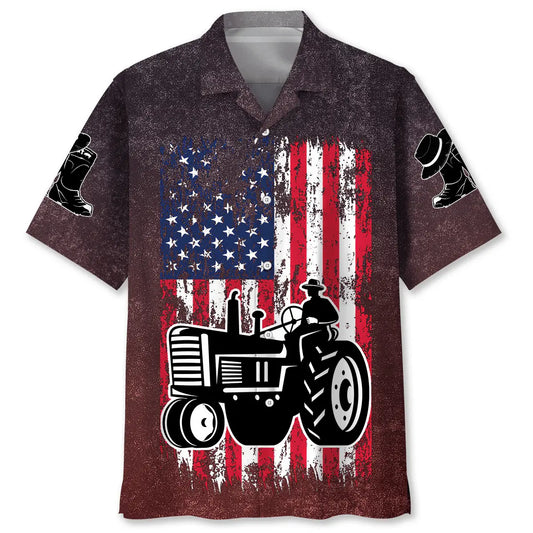 American Flag Tractor Hawaiian Shirt For Patriotic Events, Summer Travel, And Casual Outdoor Wear