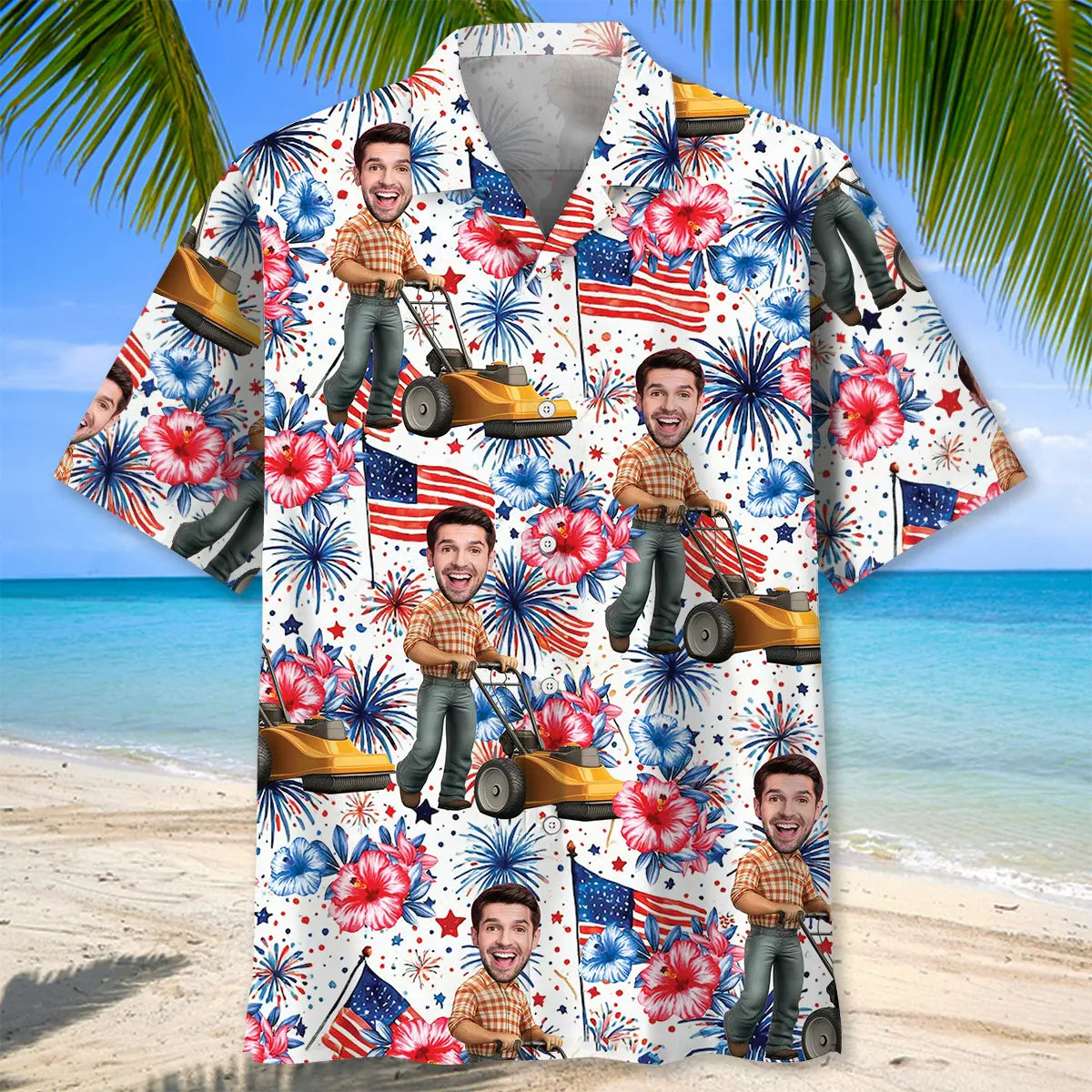 American Moving Lawn Mower Personalized Photo Face Hawaiian Shirt For Summer Vacation, Beach Travel, And Casual Wear