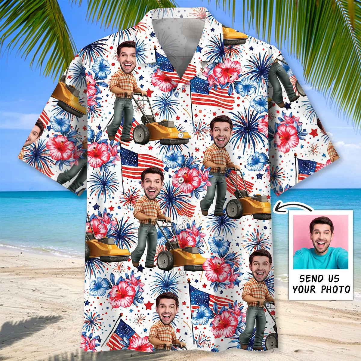 American Moving Lawn Mower Personalized Photo Face Hawaiian Shirt For Summer Vacation, Beach Travel, And Casual Wear