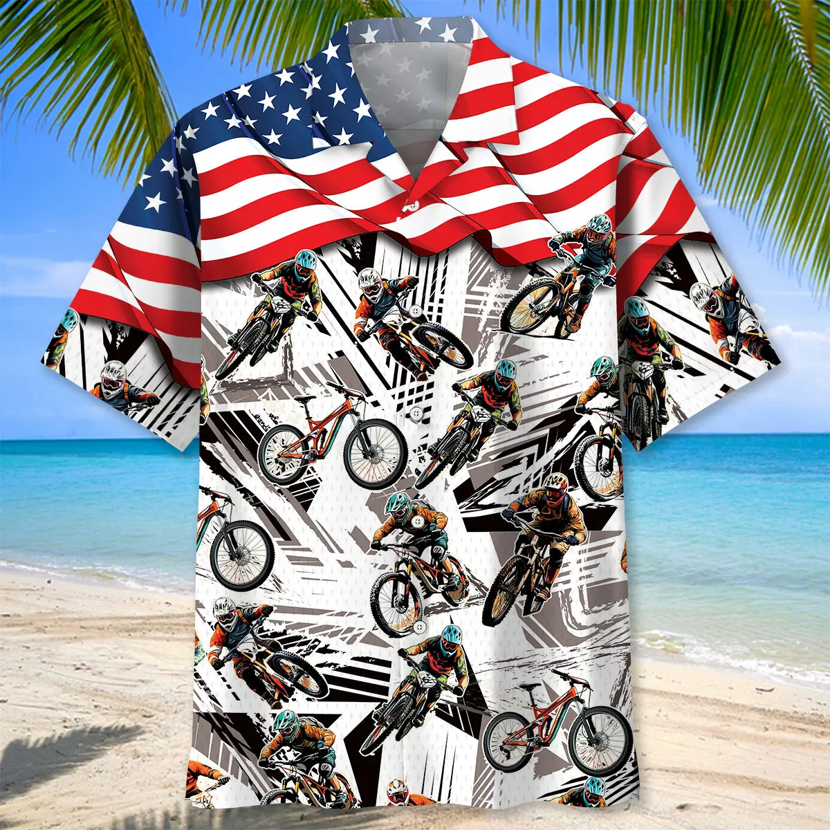 American Mountain Bike Hawaiian Shirt For Patriotic Events, Summer Travel, And Casual Outdoor Wear
