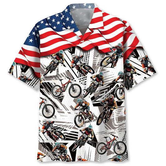 American Mountain Bike Hawaiian Shirt For Patriotic Events, Summer Travel, And Casual Outdoor Wear