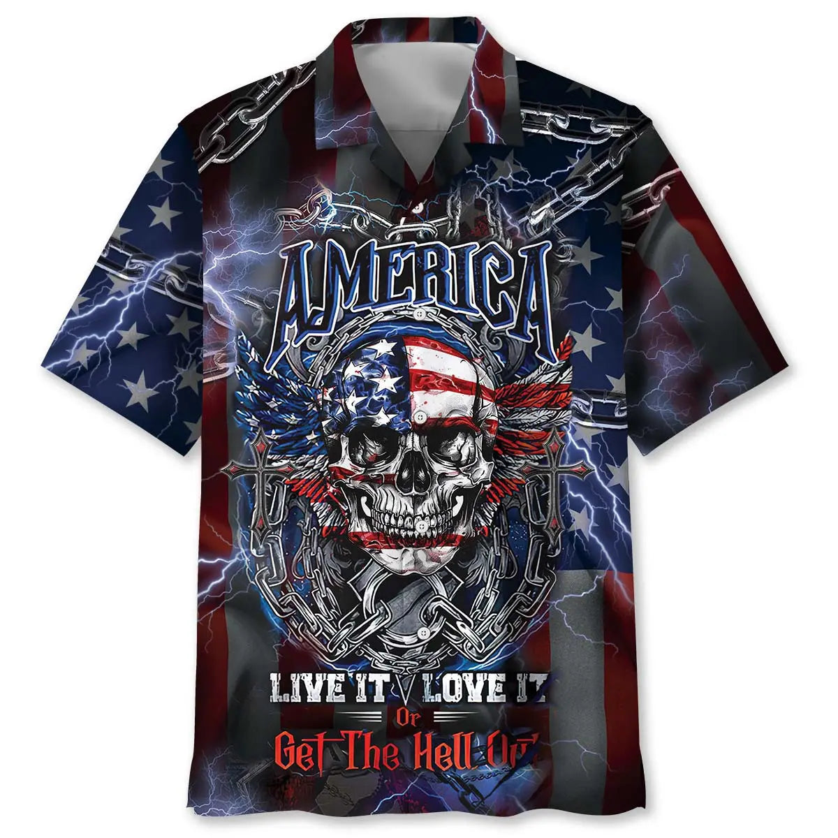 American Patriot Skull Hawaiian Shirt For Summer Vacation And Beachside Style