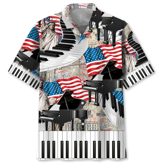 Patriotic American Piano Hawaiian Shirt For Patriotic Events, Summer Travel, And Casual Outdoor Wear