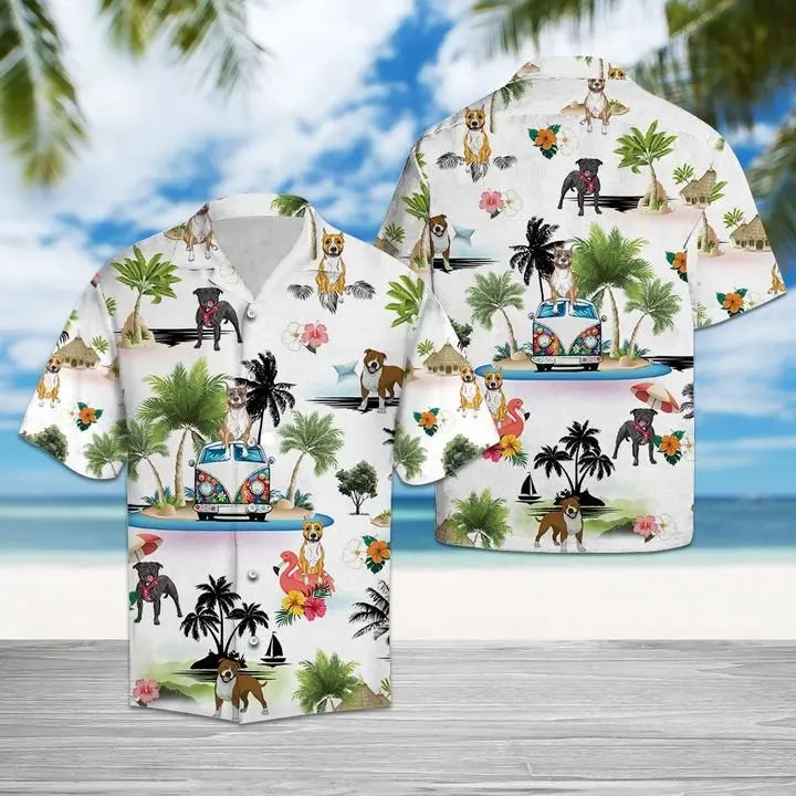 American Summer Staffordshire Terrier Vacation Hawaiian Shirt For Beach Days, Summer Outings, And Thoughtful Gift Giving