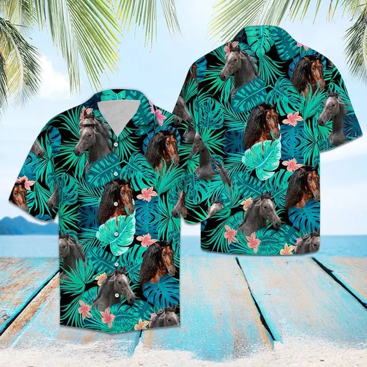 Tropical Summer Andalusian Horse Green Hawaiian Shirt For Island Vacations, Weekend Events, And Relaxed Everyday Outfits