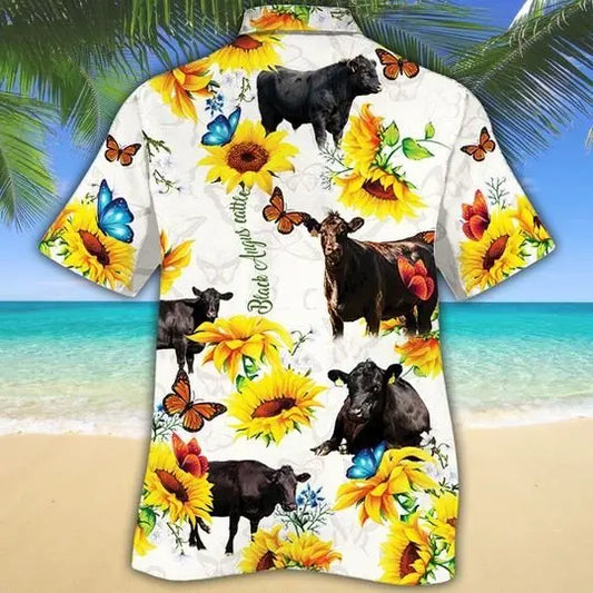 Angus Cattle Butterfly Sunflower Hawaiian Shirt For Beach Days, Summer Outings, And Thoughtful Gift Giving
