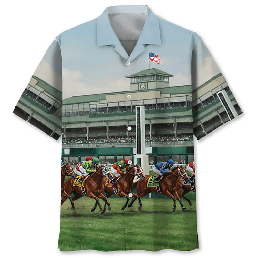 Antique Horse Racing Hawaiian Shirt For Road Trip Adventures, Resort Days, And Comfortable Everyday Wear