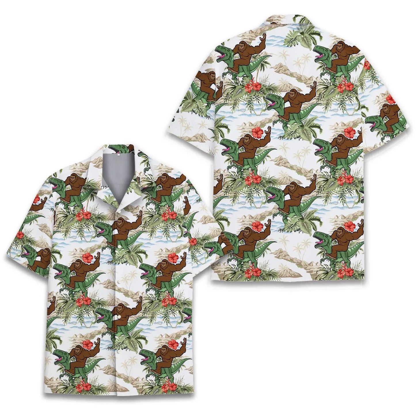 Island Bigfoot Riding Dinosaur Aloha Hawaiian Shirt For Coastal Travel, Casual Events, And Comfortable Summer Wear