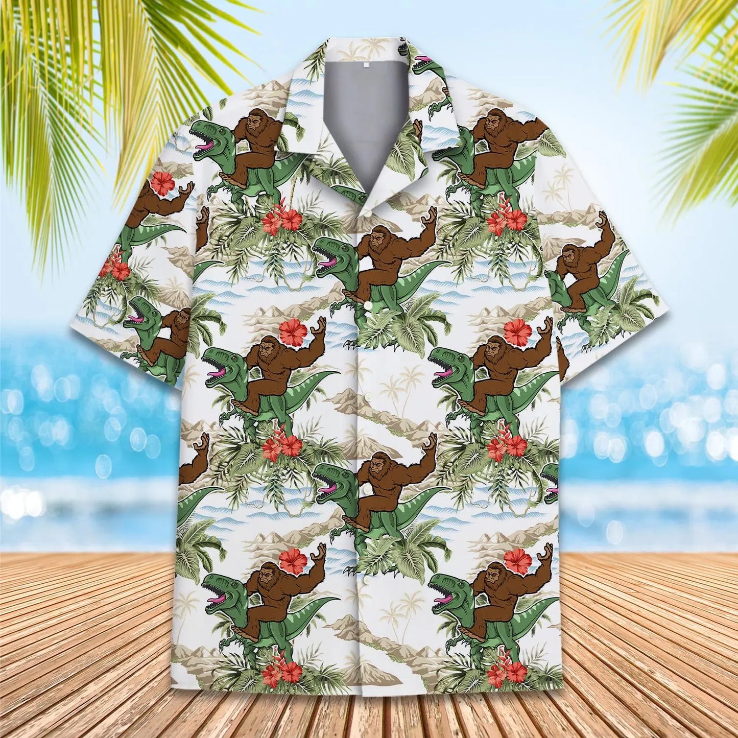 Island Bigfoot Riding Dinosaur Aloha Hawaiian Shirt For Coastal Travel, Casual Events, And Comfortable Summer Wear