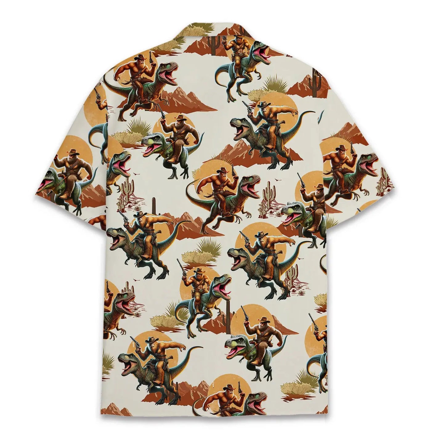 Island Bigfoot Riding Dinosaur Cowboy Aloha Hawaiian Shirt For Summer Vacation, Beach Travel, And Casual Wear