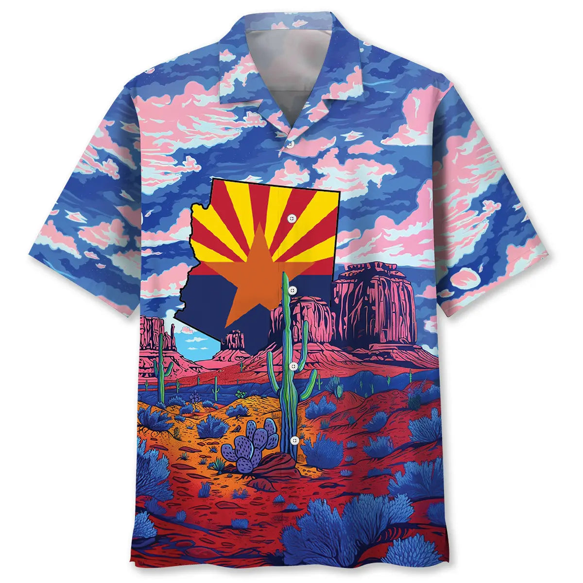 Arizona Heritage Red Mountain Hawaiian Shirt For Summer Vacation, Beach Travel, And Casual Wear