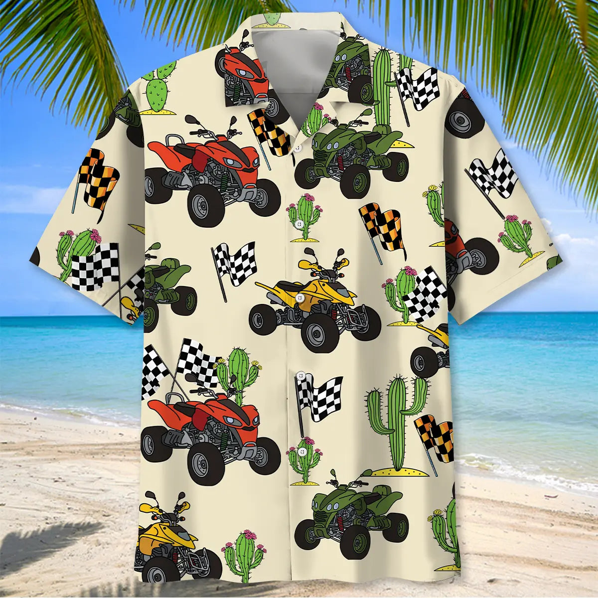 ATV Wheeler Cactus Desert Race Hawaiian Shirt For Summer Vacation, Beach Travel, And Casual Wear