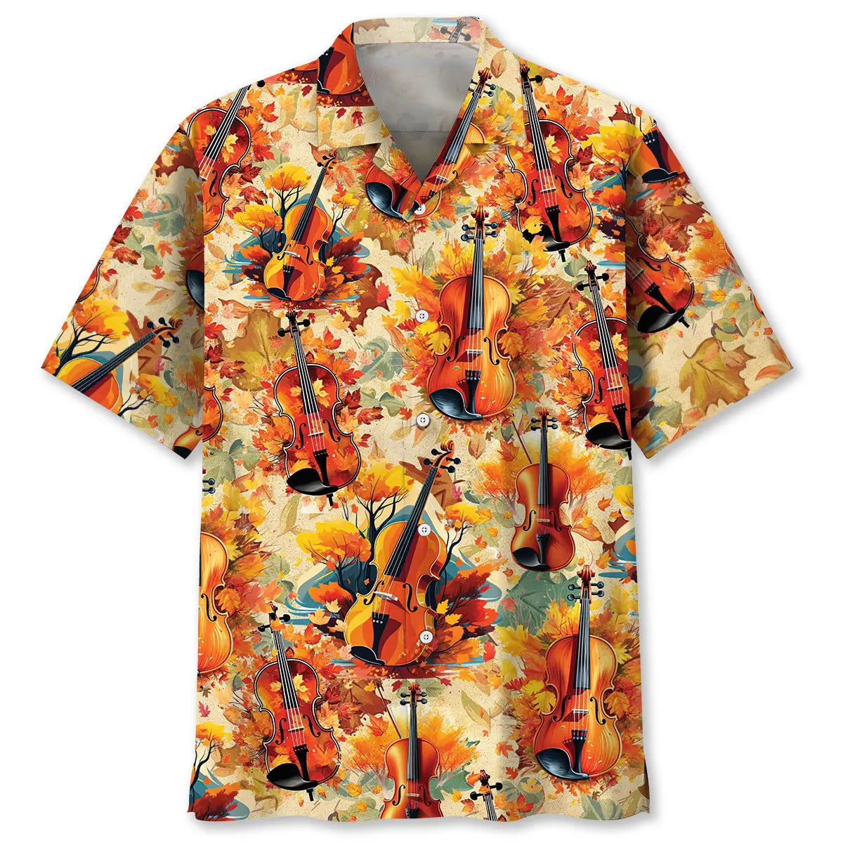 Autumn Leaves Violin Hawaiian Shirt For Summer Vacation, Beach Travel, And Casual Wear