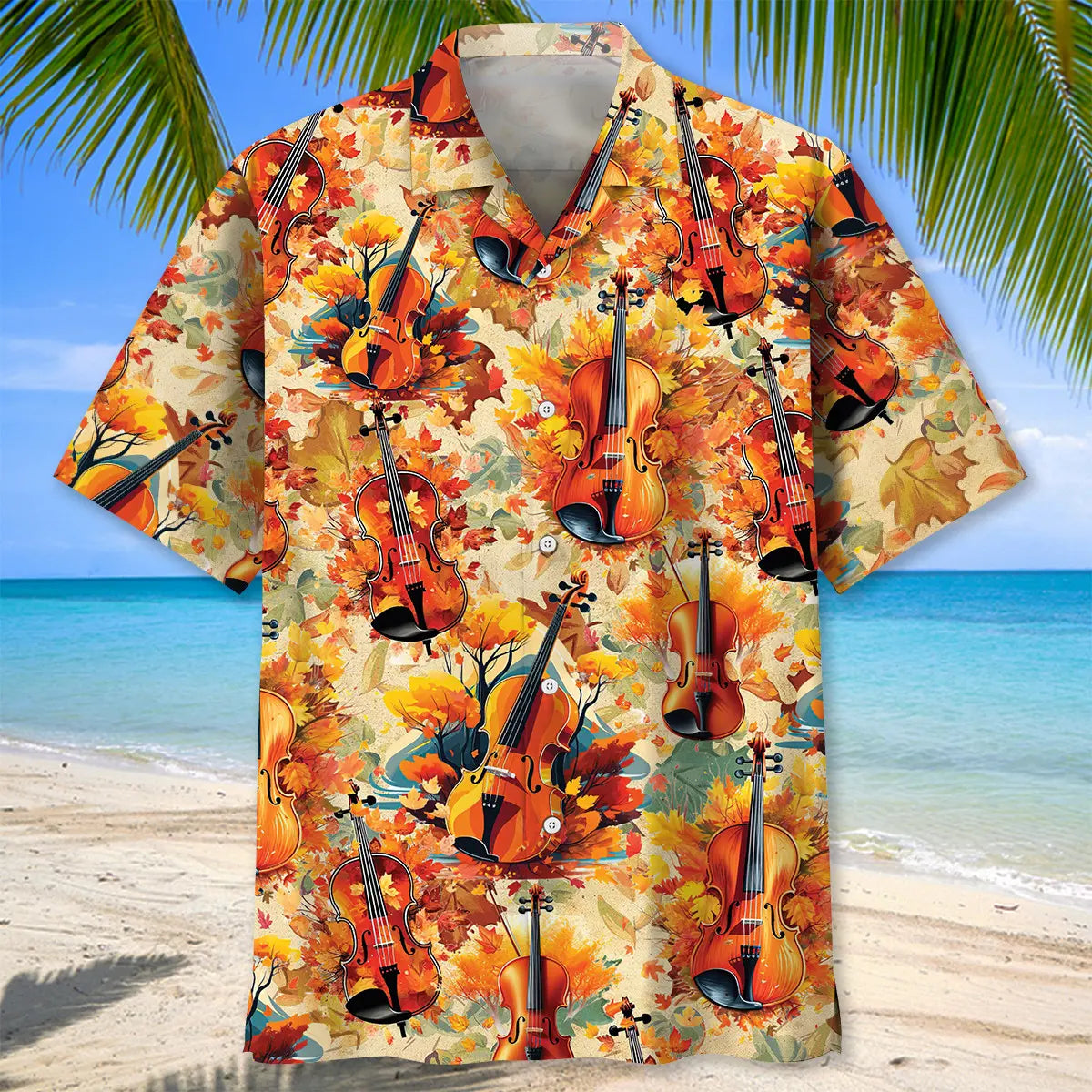 Autumn Leaves Violin Hawaiian Shirt For Summer Vacation, Beach Travel, And Casual Wear