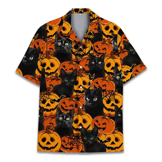 Halloween Island Black Cat Aloha Hawaiian Shirt For Coastal Travel, Casual Events, And Comfortable Summer Wear