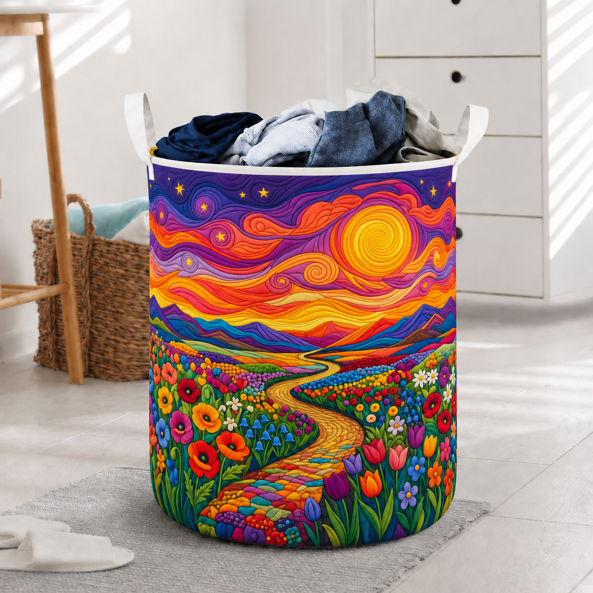 Colorful Sunset Wildflower Landscape Laundry Basket For Laundry Room Bathroom Bedroom Nursery And Everyday Home Organization