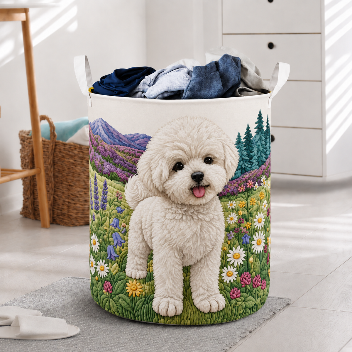 White Puppy And Wildflower Meadow Laundry Basket For Laundry Room Bathroom Bedroom Nursery And Everyday Home Organization