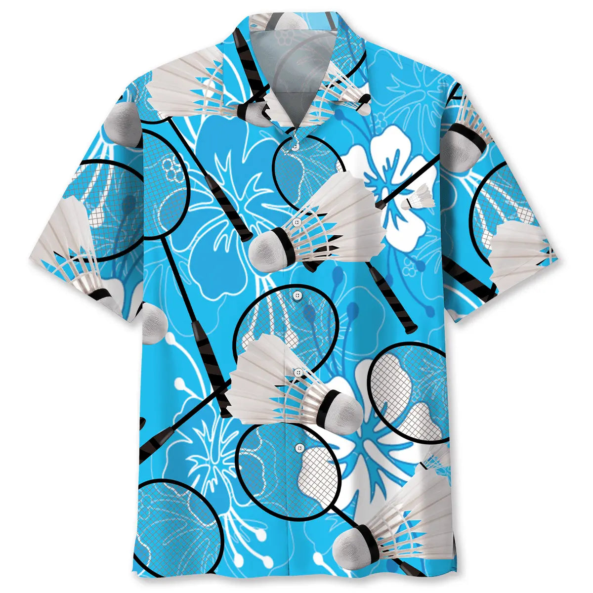 Tropical Badminton Blue Hawaiian Shirt For Tropical Holidays, Resort Trips, And Relaxed Coastal Style