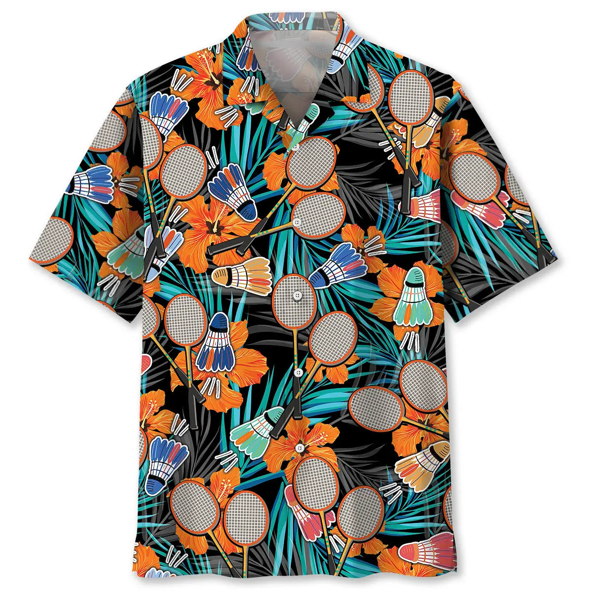 Tropical Badminton Orange Hawaiian Shirt For Summer Vacation, Beach Travel, And Casual Wear