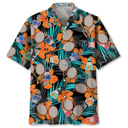 Tropical Badminton Orange Hawaiian Shirt For Summer Vacation, Beach Travel, And Casual Wear