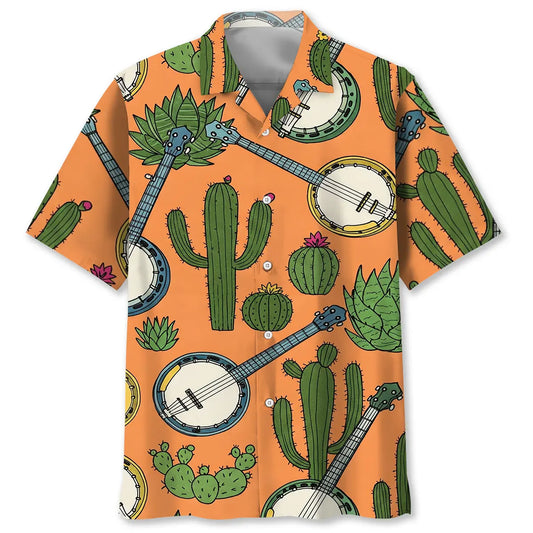 Banjo Cactus Pattern Hawaiian Shirt For Island Vacations, Resort Wear, And Relaxed Seasonal Style