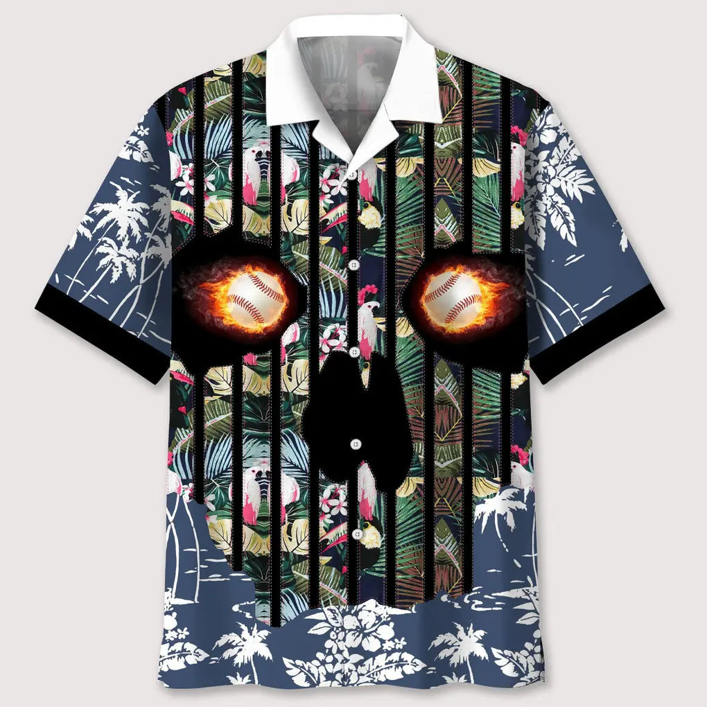 Floral Baseball Skull Hawaiian Shirt For Island Vacations, Casual Events, And Distinctive Seasonal Style