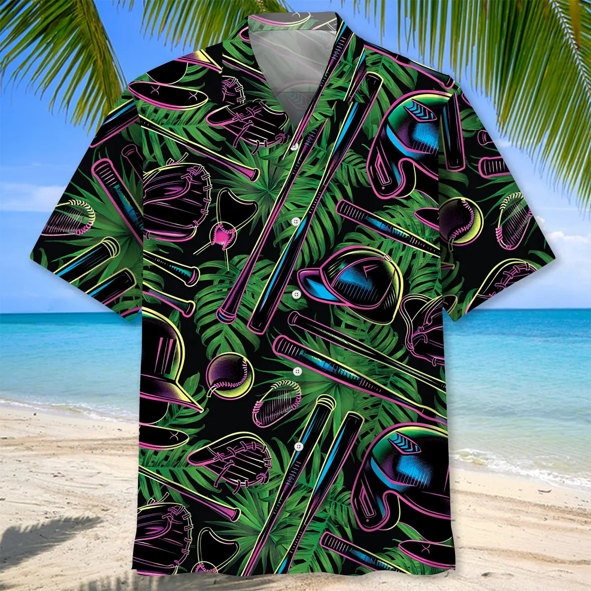 Neon Tropical Baseball Hawaiian Shirt For Summer Vacation, Beach Travel, And Casual Wear