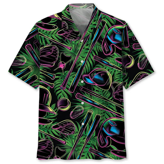 Neon Tropical Baseball Hawaiian Shirt For Summer Vacation, Beach Travel, And Casual Wear
