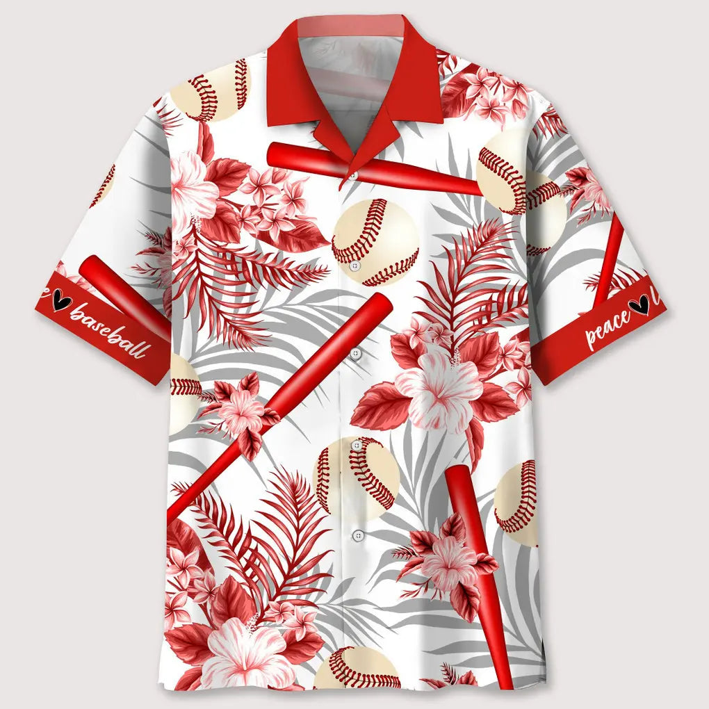 Baseball Red Hawaiian Shirt For Summer Vacation, Beach Travel, And Casual Wear
