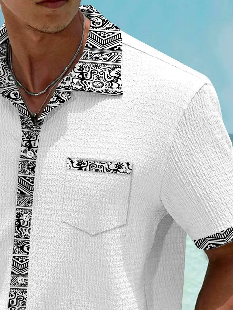 Ethnic Pattern Patchwork Seersucker Hawaiian Shirt For Tropical Holidays, Outdoor Gatherings, And Everyday Comfort