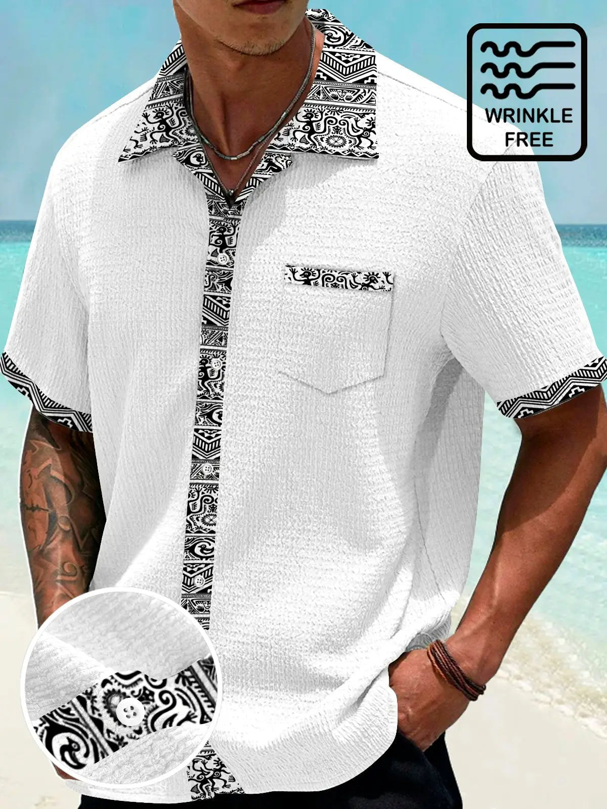 Ethnic Pattern Patchwork Seersucker Hawaiian Shirt For Tropical Holidays, Outdoor Gatherings, And Everyday Comfort