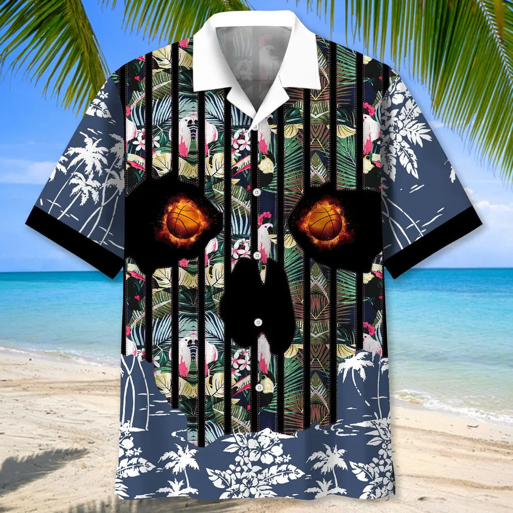 Floral Basketball Skull Hawaiian Shirt For Tropical Holidays, Outdoor Gatherings, And Everyday Comfort