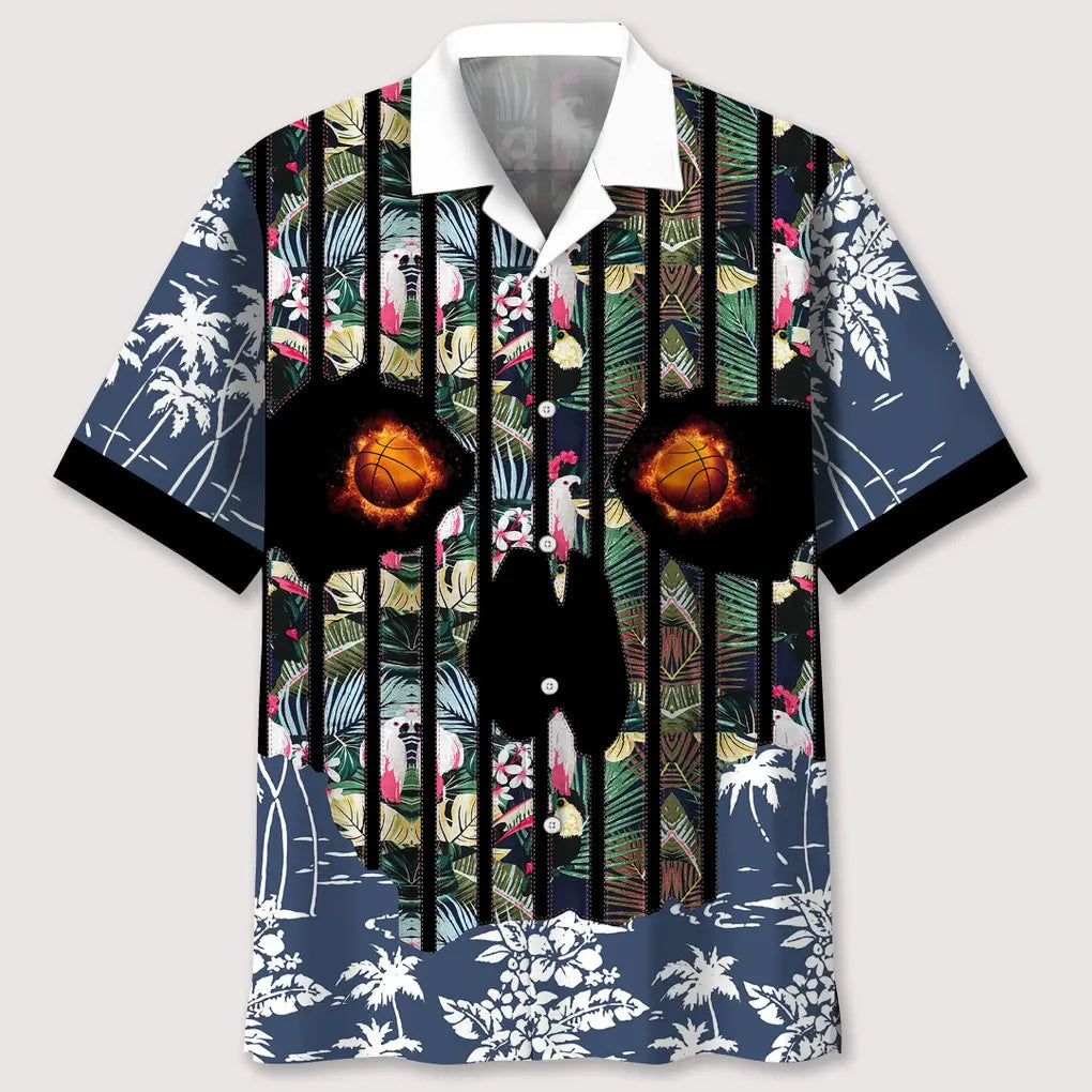 Floral Basketball Skull Hawaiian Shirt For Tropical Holidays, Outdoor Gatherings, And Everyday Comfort
