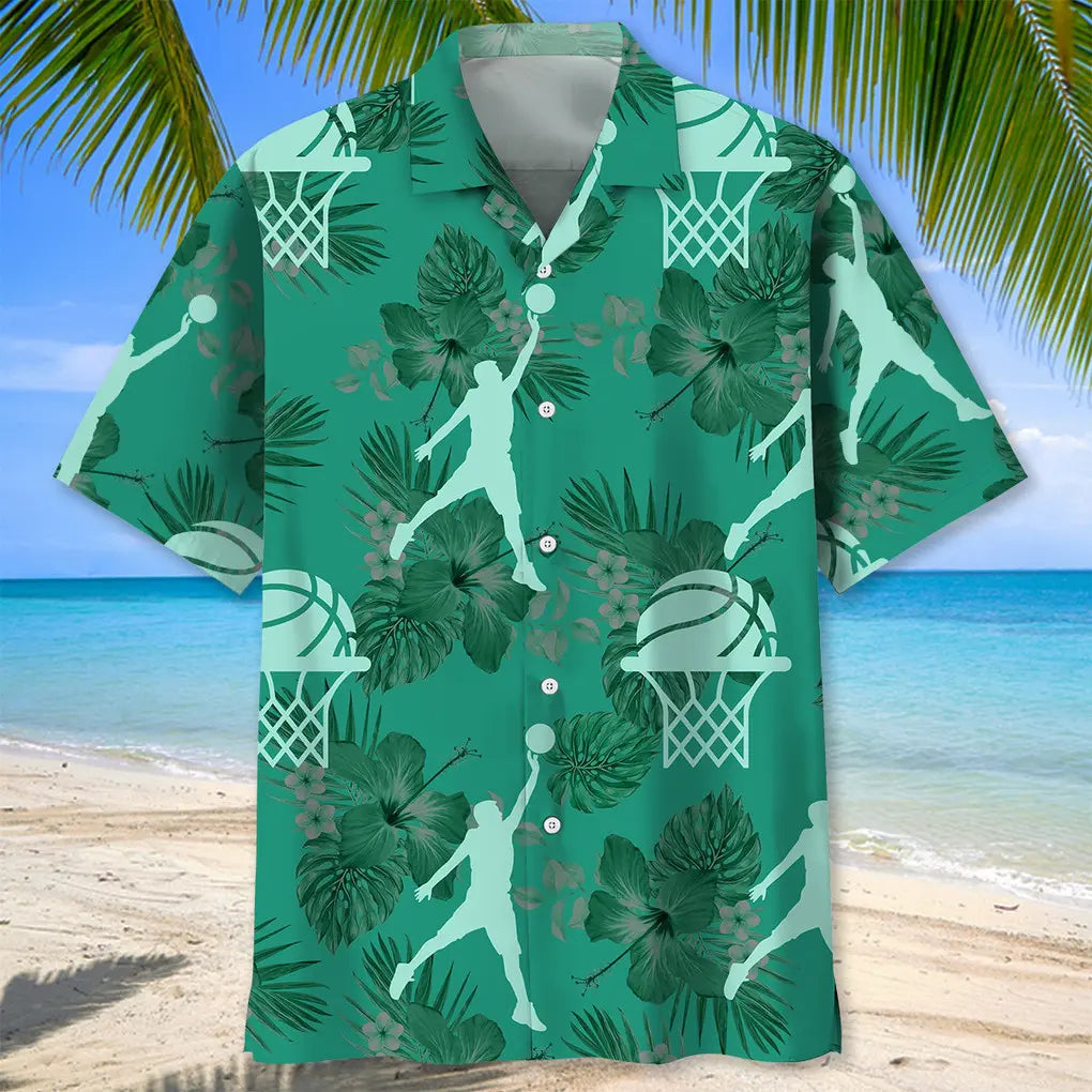 Basketball Kelly Green Hawaiian Shirt For Tropical Holidays, Outdoor Gatherings, And Everyday Comfort