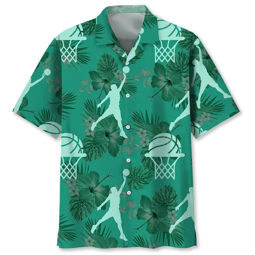 Basketball Kelly Green Hawaiian Shirt For Tropical Holidays, Outdoor Gatherings, And Everyday Comfort