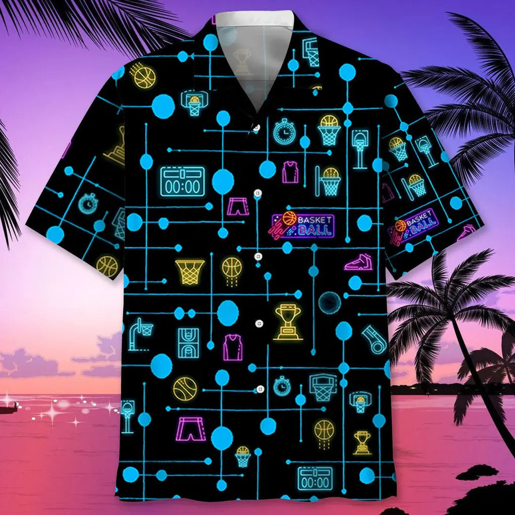 Neon Basketball Set Hawaiian Shirt For Resort Trips, Coastal Parties, And Warm Weather Style