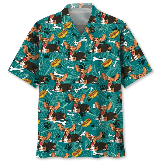 Basset Hound Hotdog Hawaiian Shirt For Resort Trips, Coastal Parties, And Warm Weather Style
