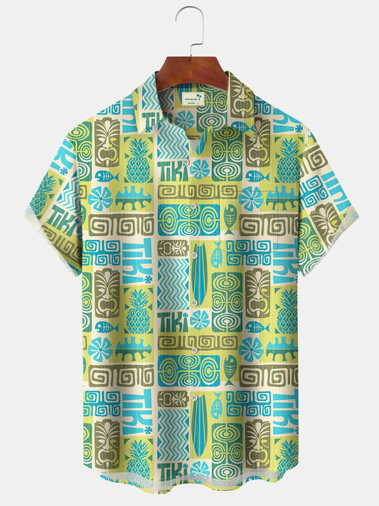 Vintage Island Beach Hawaii Tiki Coconut Tree Vacation Hawaiian Shirt For Summer Vacation, Beach Travel, And Casual Wear
