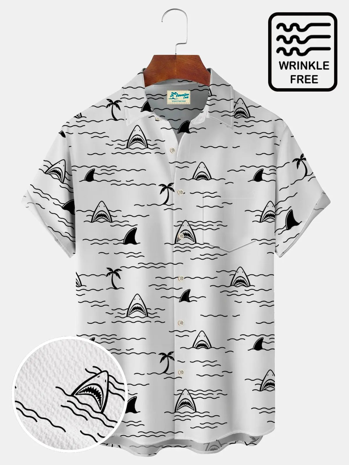 Beach Holiday White Shirts Cartoon Shark Coconut Tree Hawaiian Shirt For Summer Vacation, Beach Travel, And Casual Wear
