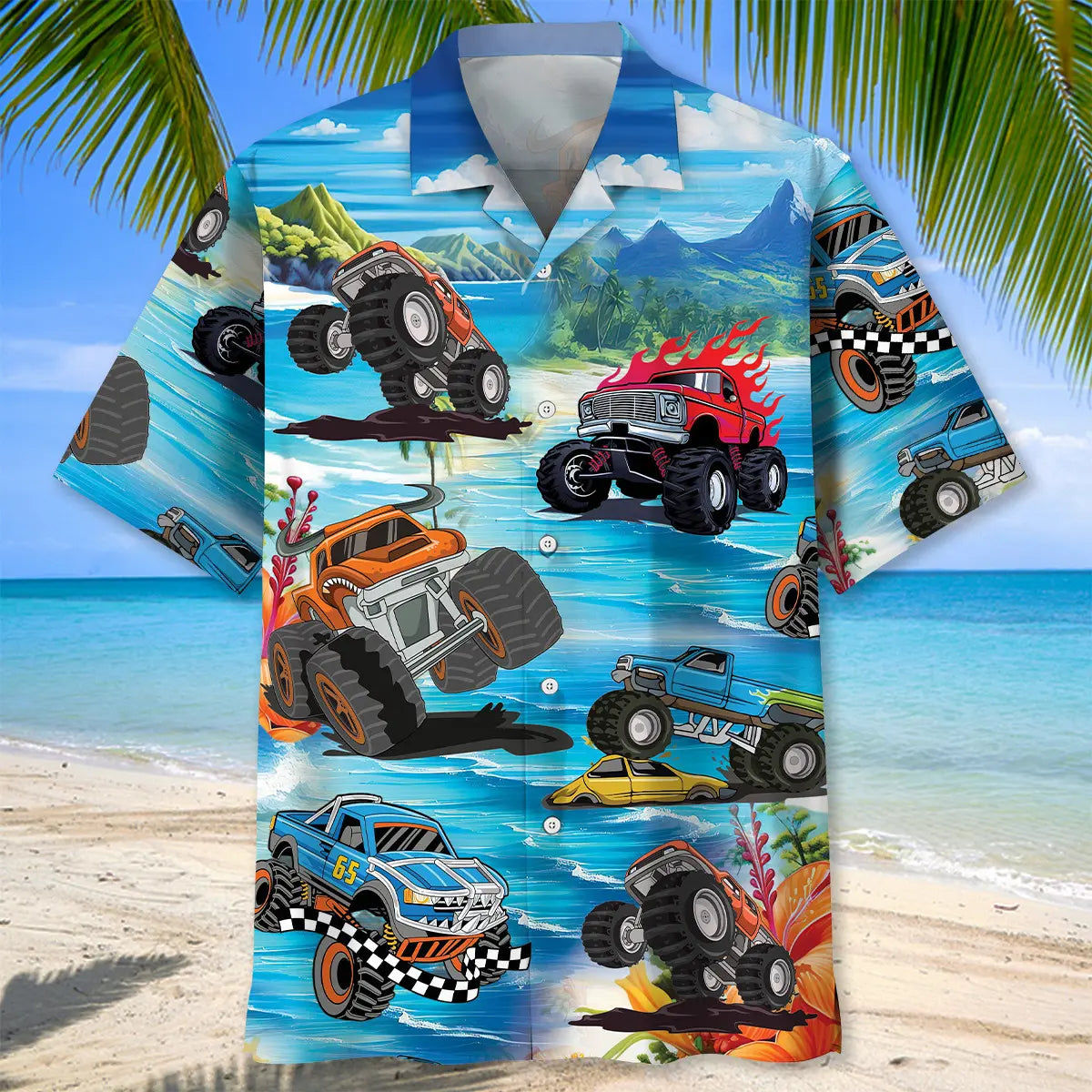 Beach Monster Truck Hawaiian Shirt For Relaxed Getaway And Casual Wear
